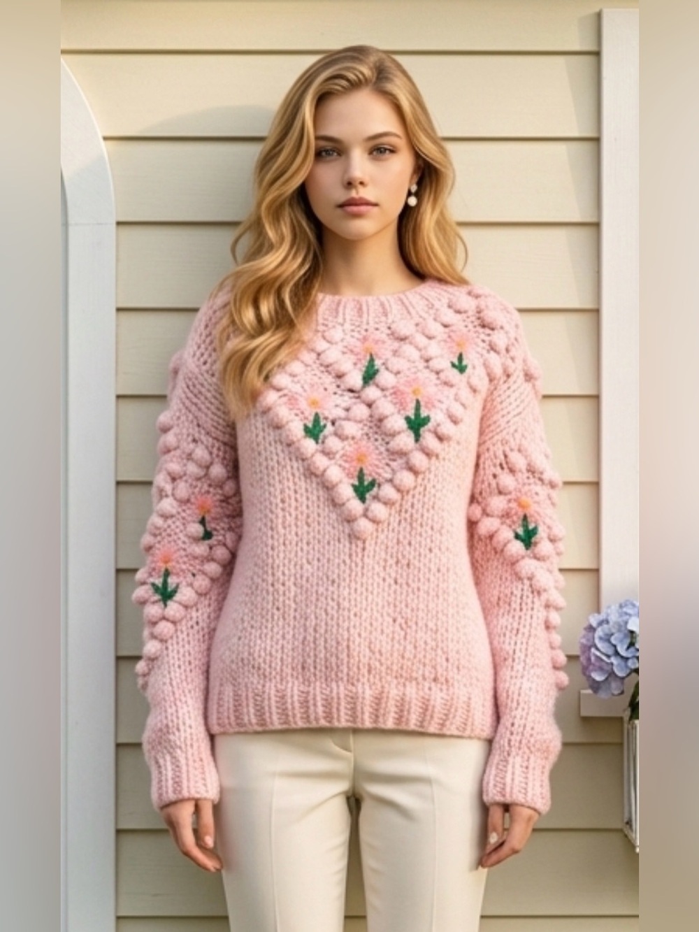 Chicwish Pink Floral Bobble-Detail Crewneck Sweater Handmade With Love